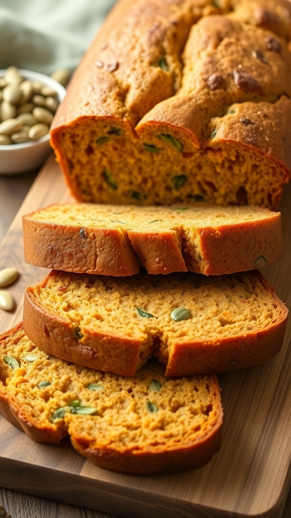 Sliced pumpkin zucchini bread on a wooden board, showcasing its moist texture and green zucchini flecks.